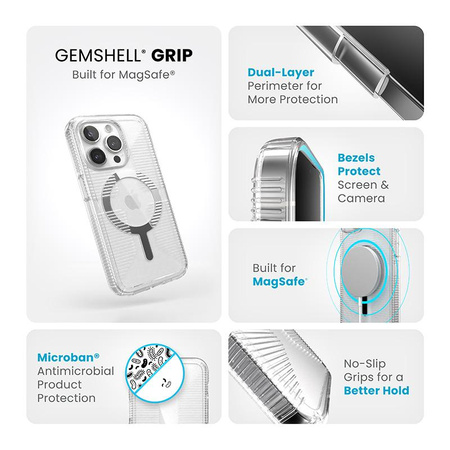 Speck Gemshell Grip + MagSafe - Kryt pro iPhone 15 Pro (průhledný / chromový povrch)