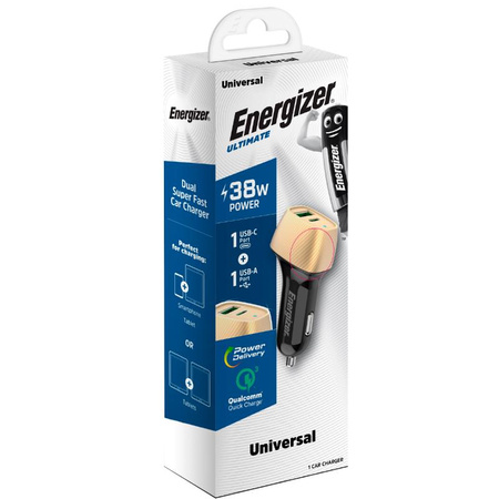 Ładowarka Samochodowa USB C + USB A Energizer 38W PD + QC3.0 Czarno-Złota