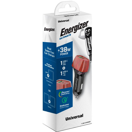 Energizer Ultimate - USB-C és USB-A 38W PD + QC3.0 autós töltő (diófa)