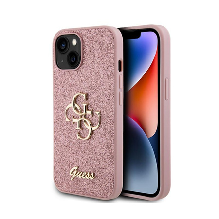 Guess Glitter Script Big 4G - iPhone 15 Tasche (rosa)