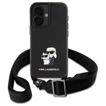 Karl Lagerfeld Saffiano Karl & Choupette Metal Pin CBDY Strap - pouzdro na iPhone 16 (černé)