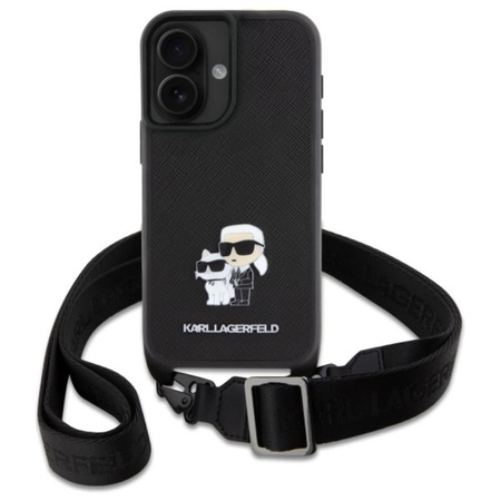 Karl Lagerfeld Saffiano Karl & Choupette Metal Pin CBDY Strap - Hülle für iPhone 16 (schwarz)