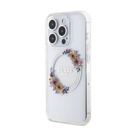 Guess IML Flowers Wreath MagSafe - Coque pour iPhone 15 Pro Max (Transparent)