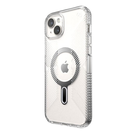 Speck Presidio Perfect-Clear Grip ClickLock & MagSafe - Coque iPhone 15 Plus / iPhone 14 Plus (Clair / Finition Chrome / Argent Serein)