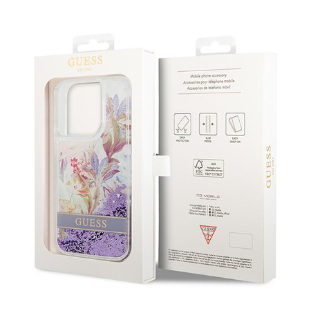 Guess Liquid Glitter Flower – Etui iPhone 14 Pro (fioletowy)