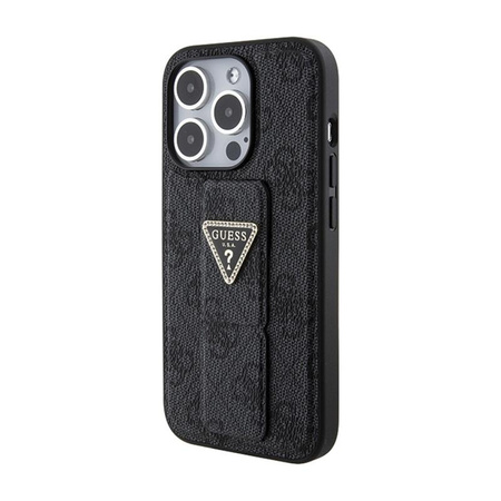 Guess Grip Stand 4G Triangle Strass Logo - pouzdro pro iPhone 15 Pro (černé)