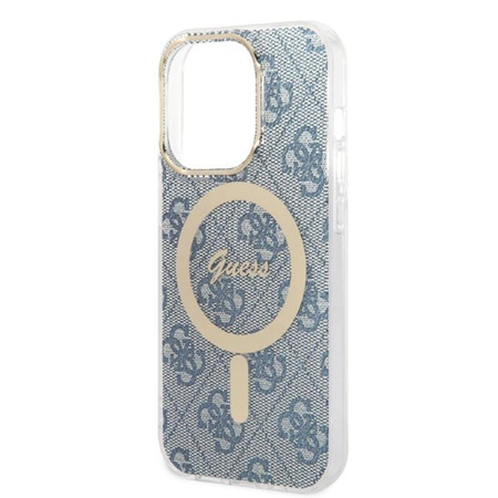 Guess Bundle Pack MagSafe 4G - pouzdro MagSafe pro iPhone 14 Pro Max + sada nabíječky (modrá/zlatá)