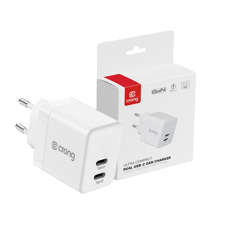 Crong Ultra Compact GaN - Caricabatterie da muro 2x USB-C 35W PD 3.0 con PPS (bianco)