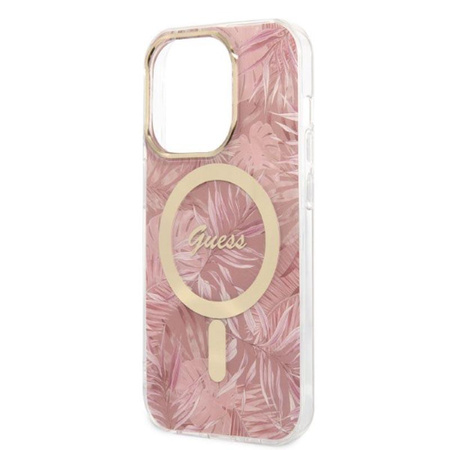 Guess Bundle Pack MagSafe IML Jungle - MagSafe iPhone 14 Pro Max Case + Charger Set (pink/gold)