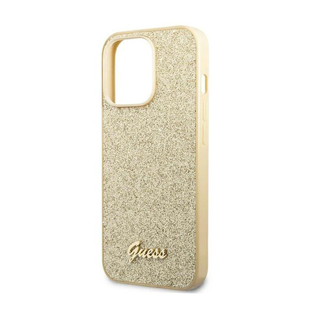 Guess Glitter Flakes Metal Logo Case - pouzdro pro iPhone 14 Pro (zlaté)