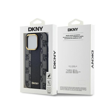 DKNY bőrből készült, kockás, egyszínű mintás MagSafe - iPhone 13 Pro tok (fekete)