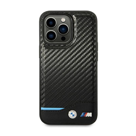 BMW Leder Carbon Blue Line - Tasche für iPhone 14 Pro (Schwarz)