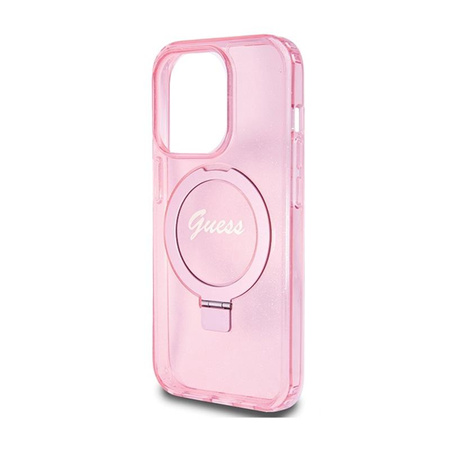 Guess Ring Stand Script Glitter MagSafe - pouzdro pro iPhone 15 Pro (růžové)