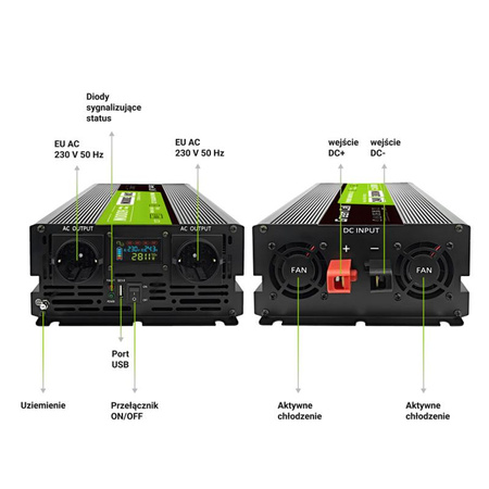 Green Cell - Měnič napětí s LCD displejem 24V na 230V 3000W/6000W Čistý sinusový měnič napětí