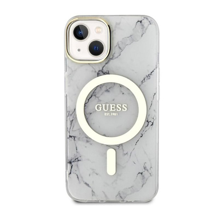 Guess Marble MagSafe - pouzdro pro iPhone 14 Plus (bílé)