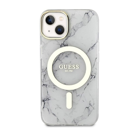 Guess Marble MagSafe - Coque pour iPhone 14 Plus (Blanc)