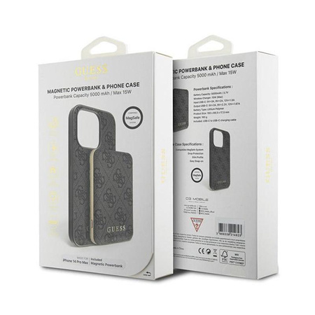 Guess Bundle Pack MagSafe 4G Metal Gold Logo - sada pouzdra + Power Bank 5000mAh MagSafe iPhone 14 Pro Max (černá)