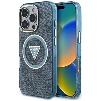Guess IML Metal Glitter 4G Circle Triangle MagSafe - Hülle für iPhone 16 Pro (blau)