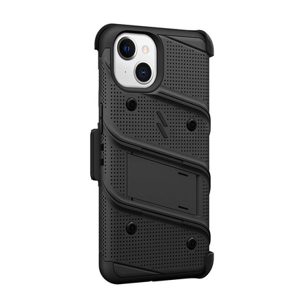 ZIZO BOLT sorozat - Páncélozott iPhone 13 tok 9H üveggel a képernyőhöz + tartó állvánnyal (fekete)