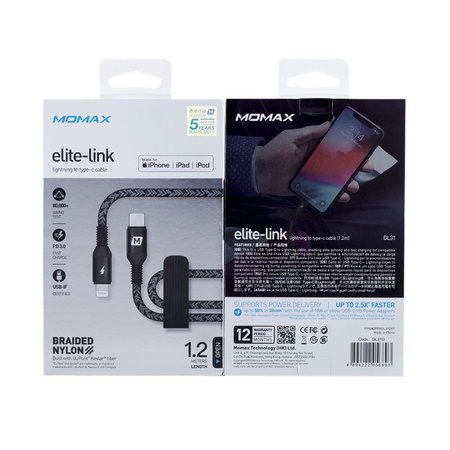 Momax Elite link - Câble USB-C (Power Delivery Fast Charging 3A) vers Lightning MFi 1,2 m (Noir)