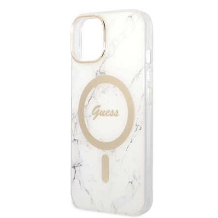 Guess Bundle Pack MagSafe IML Marble - pouzdro MagSafe pro iPhone 14 Plus + sada nabíječky (bílá/zlatá)