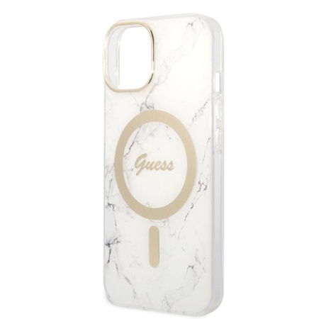 Guess Bundle Pack MagSafe IML Marble - pouzdro MagSafe pro iPhone 14 + sada nabíječky (bílá/zlatá)