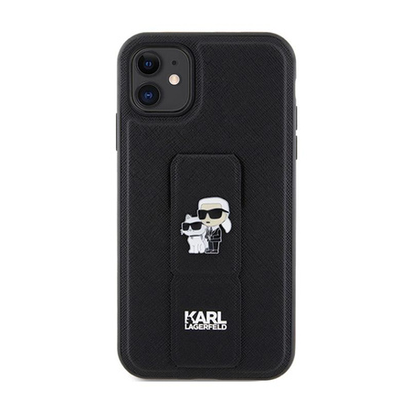 Karl Lagerfeld Gripstand Saffiano Karl & Choupette Pins - iPhone 11 Tasche (schwarz)