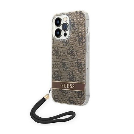 Guess 4G Print Cord - pouzdro se šňůrkou na iPhone 14 Pro (hnědé)