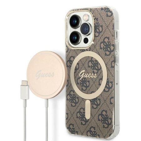 Guess Bundle Pack MagSafe 4G - MagSafe iPhone 14 Pro Case + Charger Set (brown/gold)