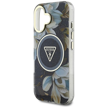 Guess Glitter Flowers Triangle Buttons MagSafe - Tasche für iPhone 16 (schwarz)