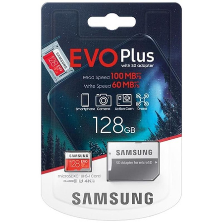 Samsung microSDXC Evo+ - 128 Go Classe 10 UHS-I U3 100/60 Mo/s carte mémoire avec adaptateur