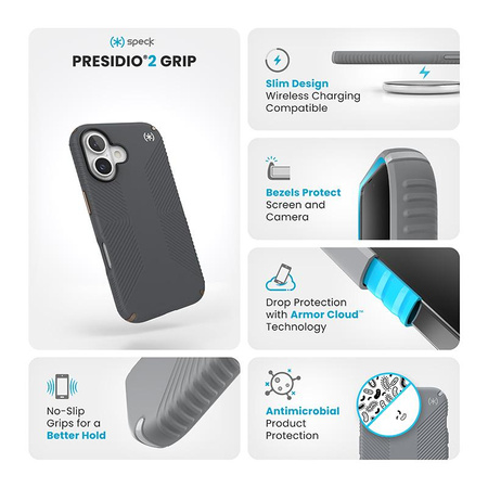 Speck Presidio2 Grip - pouzdro pro iPhone 16 (Charcoal Grey / Cool Bronze / White)