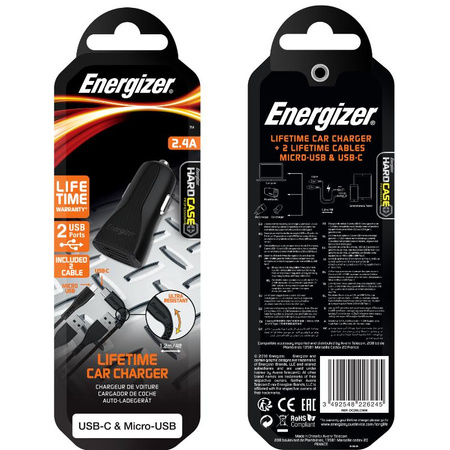 Energizer HardCase - Autótöltő 2x USB-A 2.4A + USB-C és Micro USB kábel (fekete)