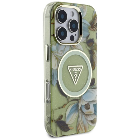 Guess Glitter Flowers Triangle Buttons MagSafe - Case for iPhone 16 Pro (green)