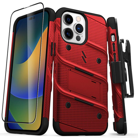 ZIZO BOLT Serie - Gepanzerte iPhone 14 Pro Max Hülle mit 9H Glas für den Bildschirm + Halterung mit Ständer (rot)