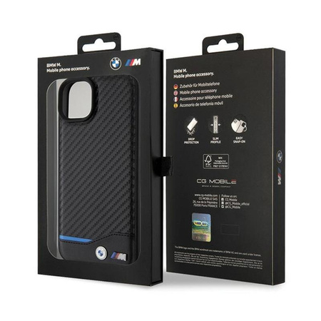 BMW Leather Carbon Blue Line - Coque pour iPhone 15 Plus (noir)