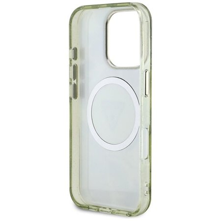 Guess Glitter Flowers Triangle Buttons MagSafe - Coque pour iPhone 16 Pro Max (vert)