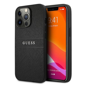 Guess Saffiano Metal Logo Stripes - Etui iPhone 13 Pro (czarny)