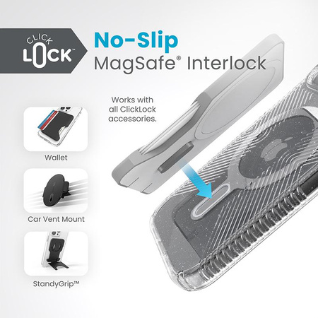 Speck Presidio Lux Grip ClickLock & MagSafe - Coque iPhone 16e / iPhone 15 / iPhone 14 / iPhone 13 (Transparent / Platinium Glitter / Chrome Finish / Serene Silver)