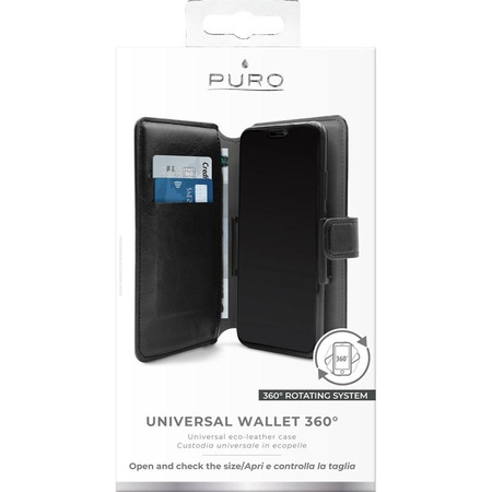 PURO Universal Wallet 360° - Univerzális forgatható tok kártyahelyekkel, XL méret (fekete)