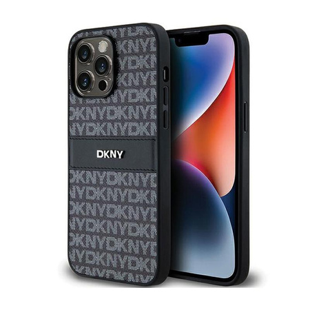 DKNY Leather Mono Stripe & Metal Logo - Coque pour iPhone 14 Pro Max (noir)