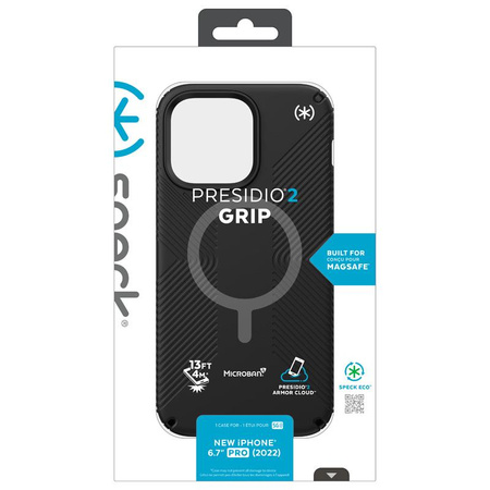 Speck Presidio2 Grip MagSafe - Rutschfestes Gehäuse für iPhone 14 Pro Max (Schwarz / Schwarz / Weiß)