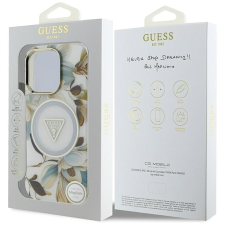 Guess Glitter Flowers Triangle Buttons MagSafe - pouzdro pro iPhone 16 Pro Max (bílé)