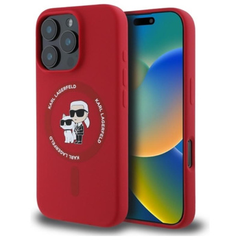 Karl Lagerfeld Silikon Karl & Choupette Ring MagSafe – Hülle für iPhone 16 Pro (rot)