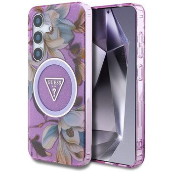 Guess Glitter Flowers Triangle Buttons MagSafe - pouzdro pro Samsung Galaxy S25 (fialové)