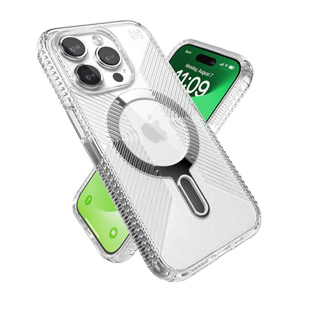 Speck Presidio Perfect-Clear Grip ClickLock & MagSafe - Coque pour iPhone 15 Pro (Transparent / Finition Chrome / Argent Serein)