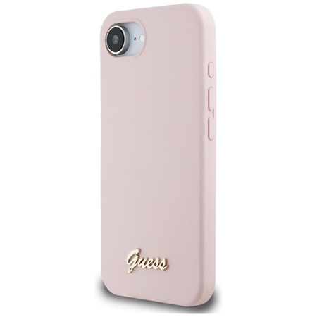 Guess Silicone Script Metal Logo MagSafe - étui pour iPhone 16e (rose)