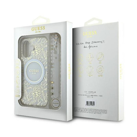 Guess IML Flowers Allover Electro With Pearl Strap MagSafe - pouzdro pro iPhone 16 Plus (bílé)