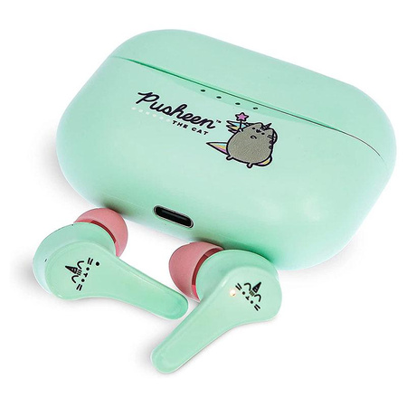 Pusheen - Bezdrátová sluchátka Bluetooth TWS s nabíjecím pouzdrem (zelená)