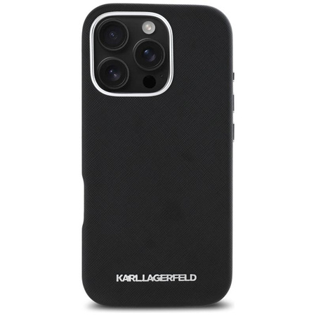 Karl Lagerfeld Saffiano Full Wrapped Elongated Metal Logo MagSafe - Hülle für iPhone 16 Pro (schwarz)